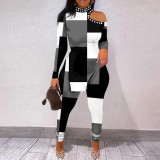 Sexy slim print off-shoulder diamond two-piece nightclub suit
