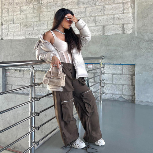 Solid color loose straight tube high waist panel multi-pocket zipper heavy street woven work pants