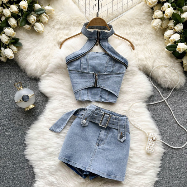Hanging neck sling small vest zipper wearing short skirt two-piece set