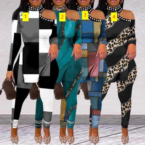 Sexy slim print off-shoulder diamond two-piece nightclub suit