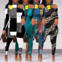 Sexy slim print off-shoulder diamond two-piece nightclub suit Sexy slim print off-shoulder diamond two-piece nightclub suit