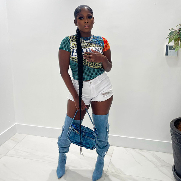 Printed round-neck short-sleeved T-shirt tights are versatile