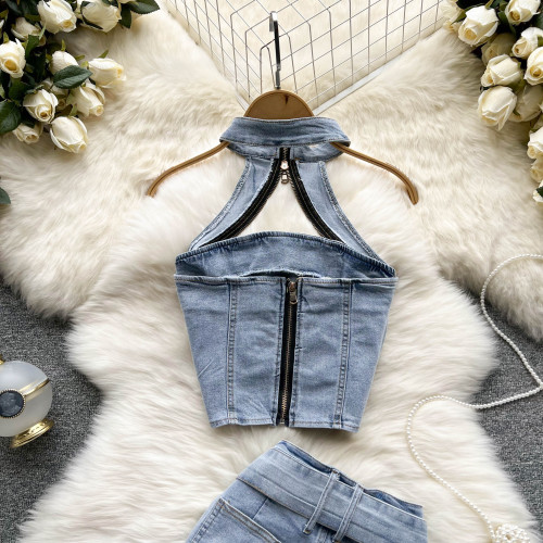 Hanging neck sling small vest zipper wearing short skirt two-piece set