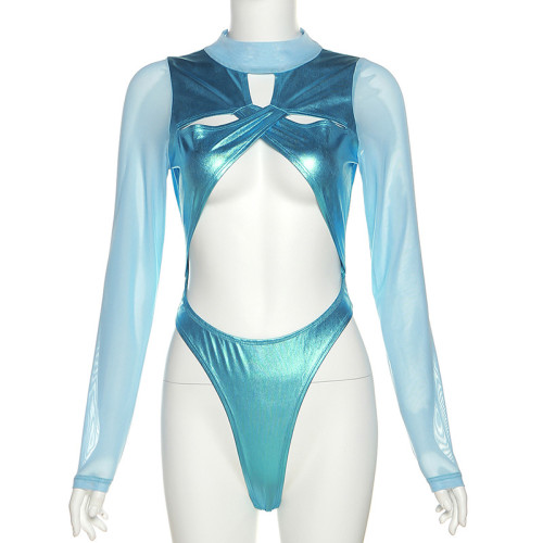 Women's solid color sexy hot girls nightclub queen hollow-out navel tight jumpsuit