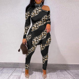 Sexy slim print off-shoulder diamond two-piece nightclub suit