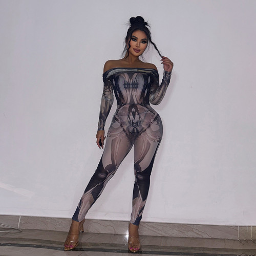 Women's gauze perspective printing one-shoulder long-sleeved tight-fitting fashionable small-foot jumpsuit