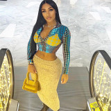 Women's fashion personality street photo 3D printing sexy low-cut zipper leaky navel top
