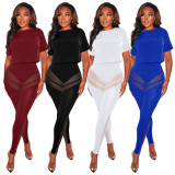 Women's fashion sexy perspective mesh pants solid color T-shirt two-piece suit