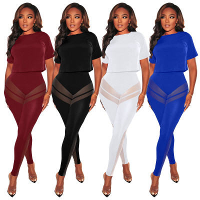 Women's fashion sexy perspective mesh pants solid color T-shirt two-piece suit