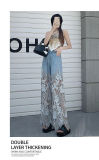 Versatile hollowed-out lace stitching denim drape pants women's loose straight pants