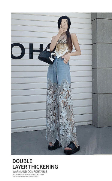 Versatile hollowed-out lace stitching denim drape pants women's loose straight pants