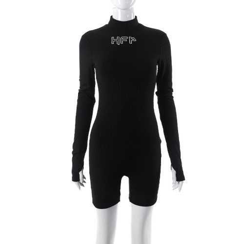 Letter embroidered round neck fingerhole long-sleeved bodysuit shorts