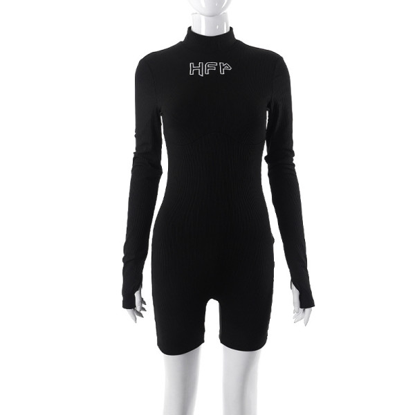 Letter embroidered round neck fingerhole long-sleeved bodysuit shorts