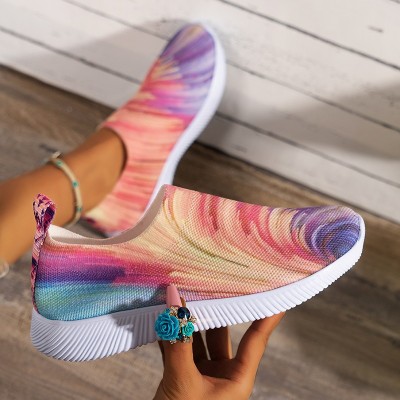 Large women's shoes Rainbow color fly woven breathable lightweight camouflage flat sneakers