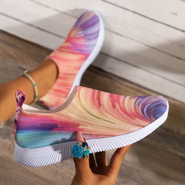 Large women's shoes Rainbow color fly woven breathable lightweight camouflage flat sneakers