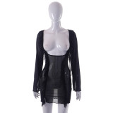 Mesh panel perspective fringed lace slim dress