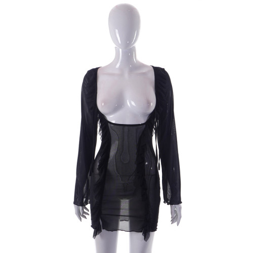 Mesh panel perspective fringed lace slim dress