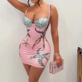 Women's fashion temperament print sexy low-cut sleeveless backless slim dress