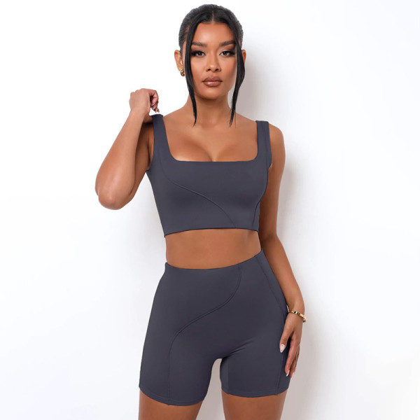 Solid color square-neck sleeveless ultra-short navel vest+high-waist tight-fitting three-piece pants exercise yoga two-piece set