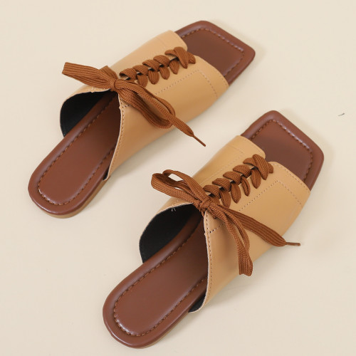Large women's shoes, solid color lace up, flat bottom, low heel, square toe, sandals