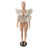 Fashion bubble sleeve V-neck shows thin solid irregular top with oversized double-layer hem