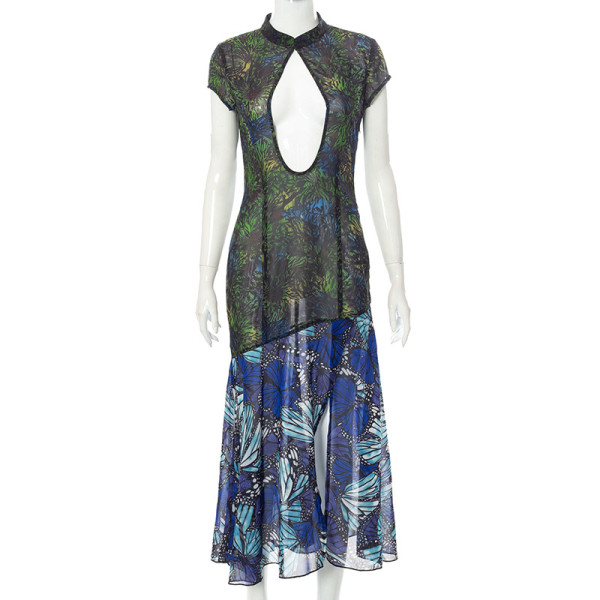 Colorful butterfly print sexy navel exposed short sleeve medium length dress