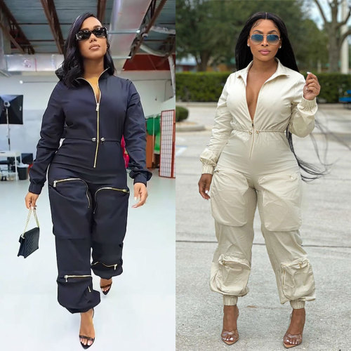 Women's waist work suit jumpsuit metal zipper bread bag casual pants