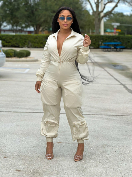 Women's waist work suit jumpsuit metal zipper bread bag casual pants