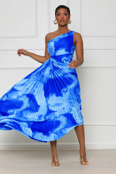Sexy one-shoulder wispy print pleated dress