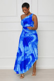 Sexy one-shoulder wispy print pleated dress