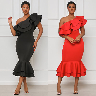 Fashion temperament medium length dress sexy high waist fishtail evening dress