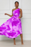 Sexy one-shoulder wispy print pleated dress