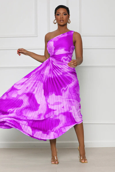 Sexy one-shoulder wispy print pleated dress