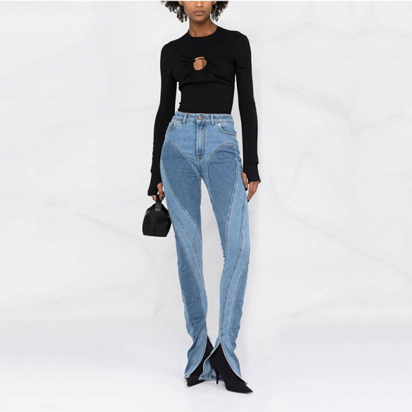Trendy split jeans with slim legs and heavy stitching design show thin high-waist trousers