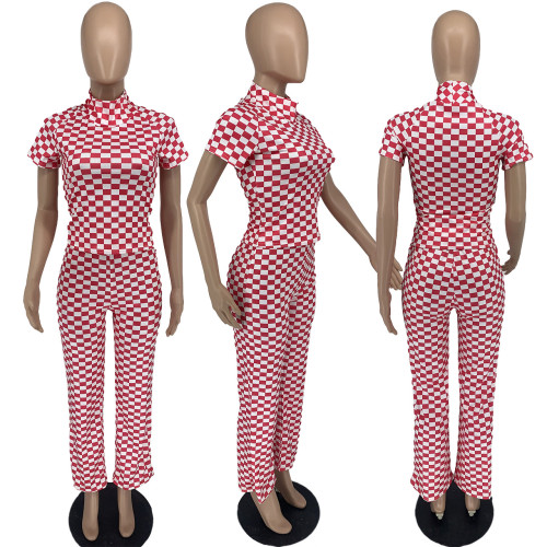 Small pit stripe printed check slim two-piece set