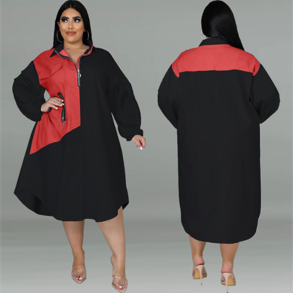 Oversized loose panel contrast elastic long-sleeve zip dress