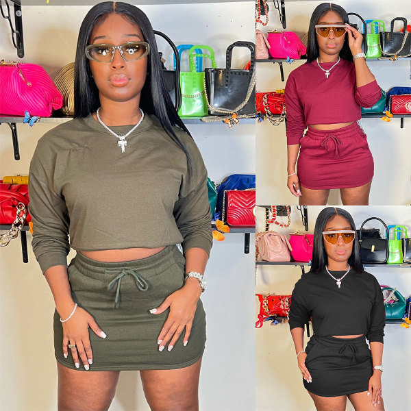 Fashion sweater suit women's versatile long-sleeved top and short skirt two-piece set