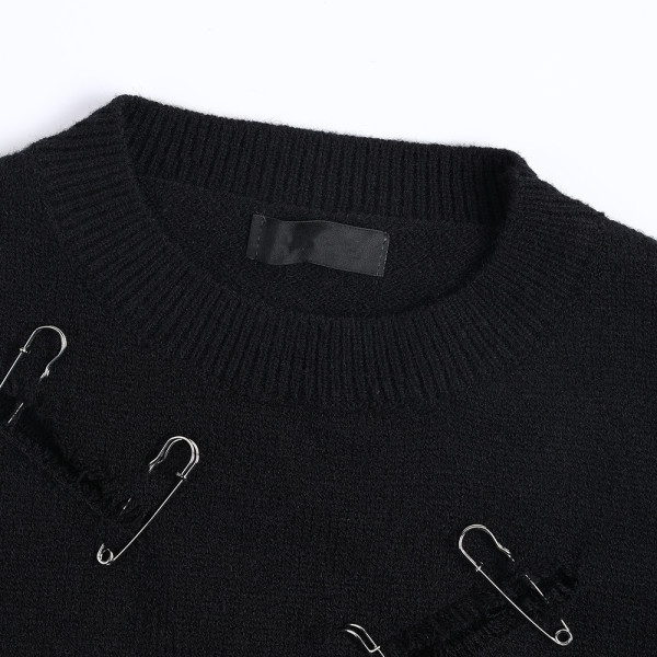 Wanghongchao Brand Design Sense Top Autumn New Round Neck Long Sleeve Personalized Broken Pin Decorative Dark T-Shirt