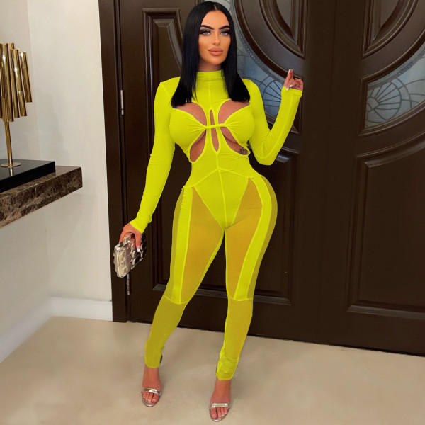 Mesh stitching sexy wispy jumpsuit