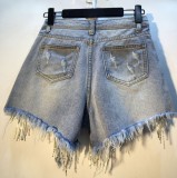 Perforated high waist rhinestone tassel chain slim straight denim shorts