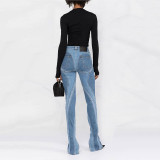 Trendy split jeans with slim legs and heavy stitching design show thin high-waist trousers