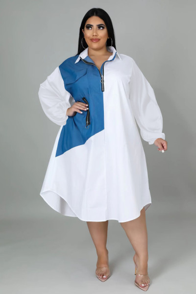 Oversized loose panel contrast elastic long-sleeve zip dress