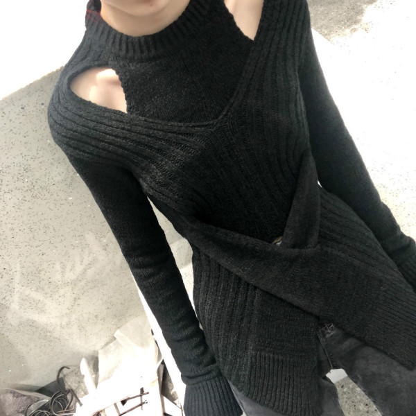 Chaozhou Brand Irregular Sweater Autumn and Winter New Loose Slim Slim Knit Long Sleeve Round Neck Top