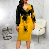 Sexy and fashionable digital printing long-sleeved women's dress