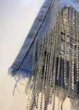 Perforated high waist rhinestone tassel chain slim straight denim shorts