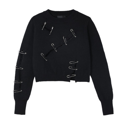 Wanghongchao Brand Design Sense Top Autumn New Round Neck Long Sleeve Personalized Broken Pin Decorative Dark T-Shirt