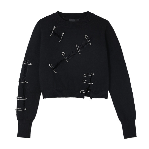 Wanghongchao Brand Design Sense Top Autumn New Round Neck Long Sleeve Personalized Broken Pin Decorative Dark T-Shirt