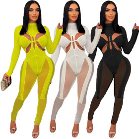 Mesh stitching sexy wispy jumpsuit