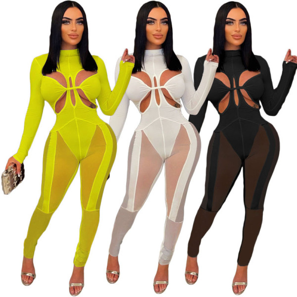 Mesh stitching sexy wispy jumpsuit