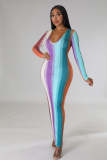 Sexy and fashionable digital printing V-neck long-sleeved women's dress